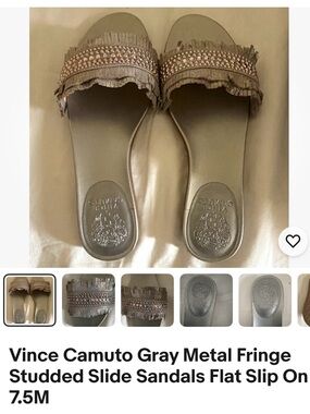 Vince Camuto Metallic Gray Fringed Studded Slide Sandals